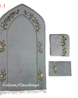 Royal Embroidered Prayer Set gray color (Prayer Mat, Prayer Gown, and Quran Cover) - 3 Pieces