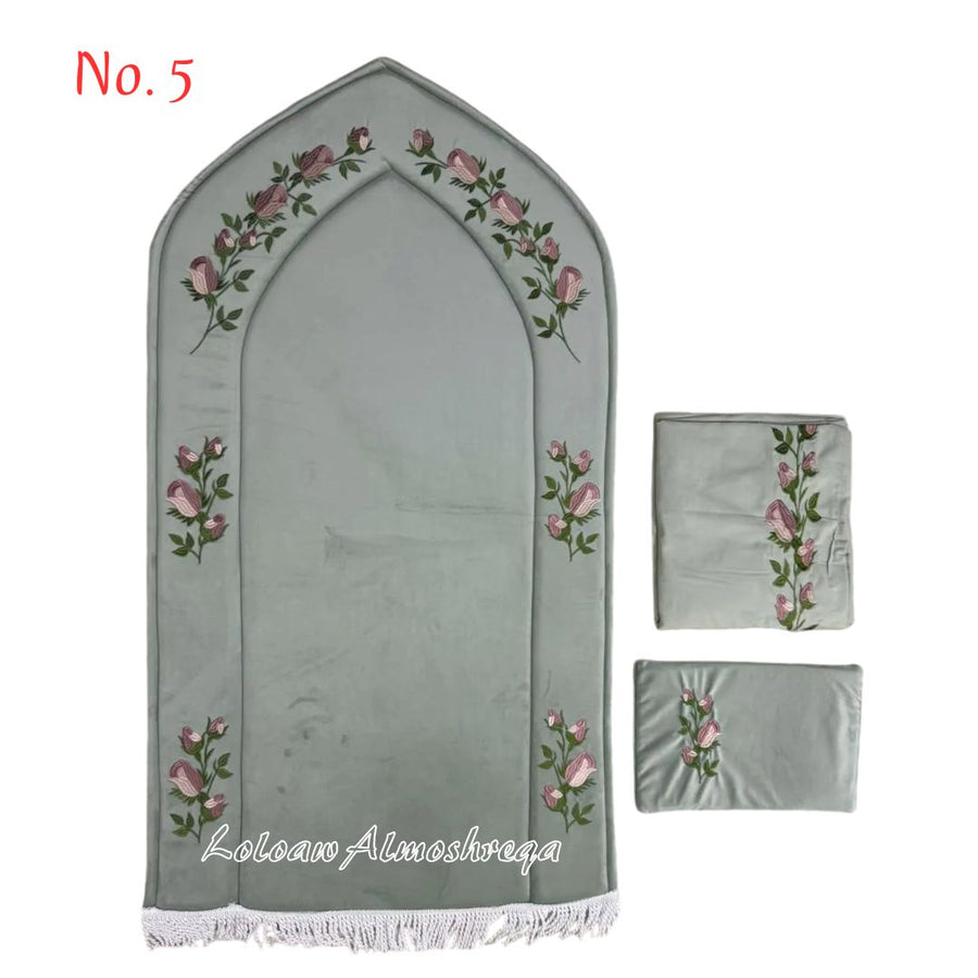 Royal Embroidered Prayer Set gray color (Prayer Mat, Prayer Gown, and Quran Cover) - 3 Pieces