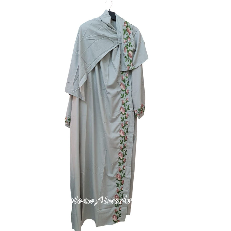 Royal Embroidered Prayer Set gray color (Prayer Mat, Prayer Gown, and Quran Cover) - 3 Pieces