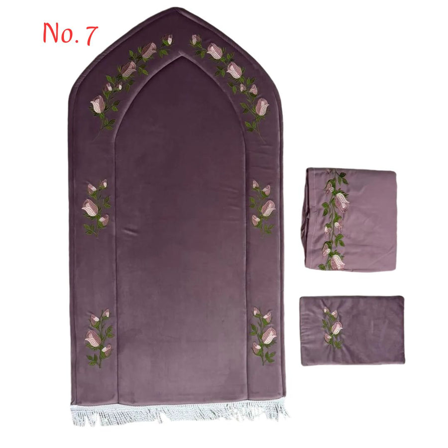 Royal Embroidered Prayer Set gray color (Prayer Mat, Prayer Gown, and Quran Cover) - 3 Pieces