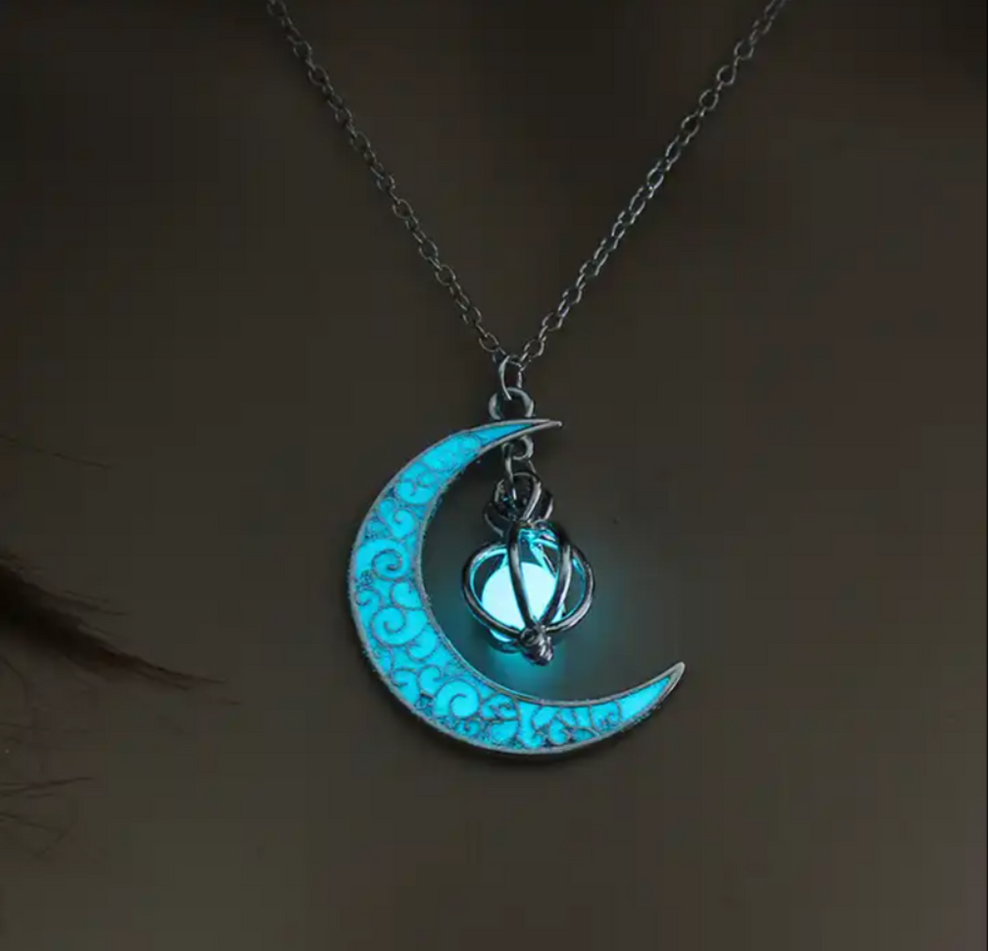 Luminous Crescent Necklace, Glowing Jewelry, Moonstone Pendant